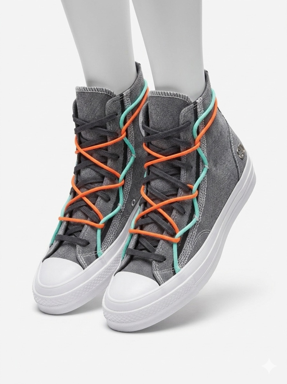 High-Top Canvas Sneakers in Gray, Black, Teal & Orange